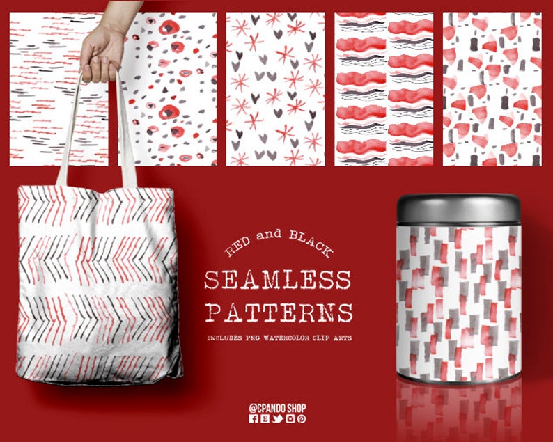 May include: Set of six red and black watercolor seamless patterns. The patterns include abstract shapes, hearts, stars, and stripes. The patterns are shown on a tote bag, a tin can, and individual squares.