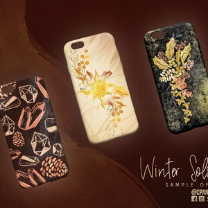 May include: Three different phone cases featuring winter solstice designs. The first case has a black background with gold and pink crystals and pine cones. The second case has a cream background with a gold sun and floral design. The third case has a black background with a gold floral design. The text "Winter Solstice Sample of Use @CPANDO SHOP" is at the bottom of the image.