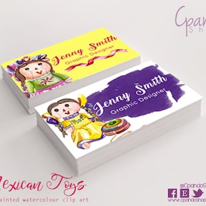 May include: Two business cards with a watercolor illustration of a Mexican rag doll. The text on the cards reads "Jenny Smith Graphic Designer". The background of the top card is yellow and the bottom card is purple.