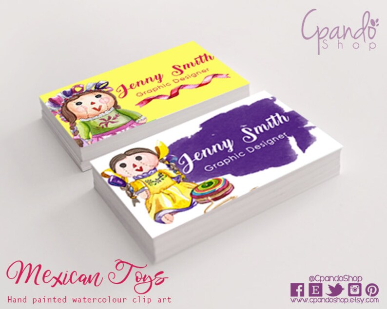 May include: Two business cards with a watercolor illustration of a Mexican rag doll. The text on the cards reads "Jenny Smith Graphic Designer". The background of the top card is yellow and the bottom card is purple.