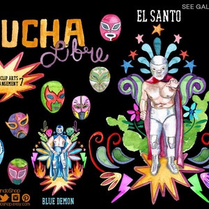 Lucha libre, lutteurs mexicains, masqués, masque de lutte clip art peint à l'aquarelle, 5 mai, Mexique, fête mexicaine