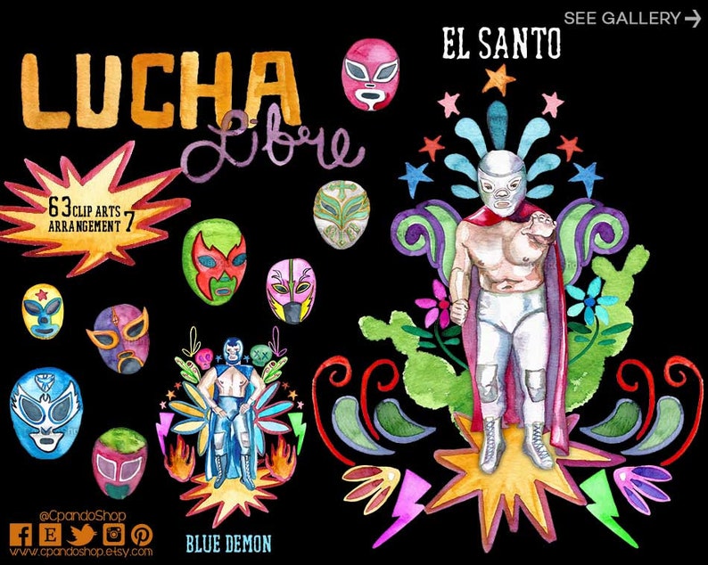 Puede incluir: Una ilustraci&oacute;n digital de un luchador que lleva una m&aacute;scara plateada y blanca con una capa roja. El luchador est&aacute; de pie sobre una estrella amarilla con flores verdes y moradas detr&aacute;s de &eacute;l. El texto "EL SANTO" est&aacute; por encima del luchador. El texto "LUCHA Libre" est&aacute; en la esquina superior izquierda de la imagen. El texto "63 CLIP ARTS - ARRANGEMENT 7" est&aacute; en la esquina inferior izquierda de la imagen.