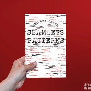 May include: A book cover with the title "Red and Black Seamless Patterns" and the text "Includes PNG Watercolor Clip Arts". The cover features a pattern of red and black lines.