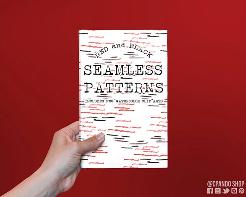 May include: A book cover with the title "Red and Black Seamless Patterns" and the text "Includes PNG Watercolor Clip Arts". The cover features a pattern of red and black lines.