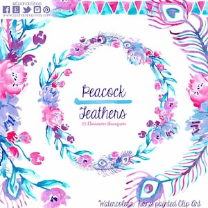 Watercolor peacock feathers clipart clipart peacock clip art feathers clipart digital download mint pink purple feathers watercolor clip