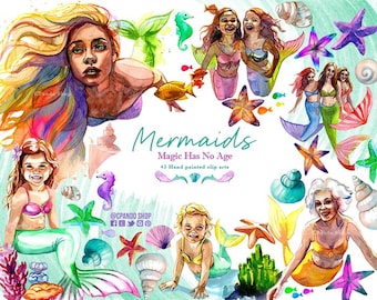 Set de Sirenas en Acuarela | Ilustración Digital | Sirenas de Todas las Edades | Perfecto para Fiesta, Imprimibles & Arte Náutico