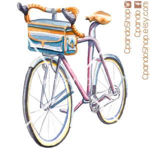 May include: A watercolor illustration of a bicycle with a brown leather handlebar, a blue and orange saddle bag, and a blue and yellow chain. The bicycle has a white frame with a pink accent.
