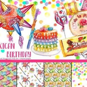 Clipart d’anniversaire mexicain, fête mexicaine, piñata bonbons aquarelle clip art Mexique aquarelle clip art pour invitations posada mexicaine