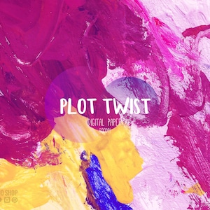 Puede incluir: Papel digital abstracto con un fondo de pintura rosa, amarillo, azul y blanco. El texto "PLOT TWIST" está escrito en blanco sobre el papel.