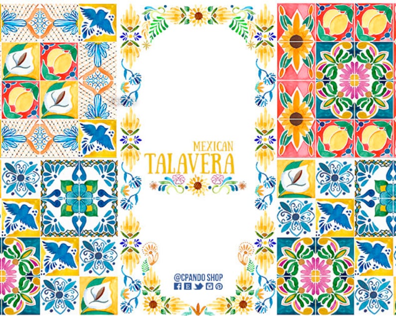 May include: A colorful border of Mexican Talavera tiles with floral and geometric designs. The tiles are arranged in a square frame with a white background. The text "MEXICAN TALAVERA" is written in gold lettering at the top of the frame. The text "@CPANDO SHOP" is written in black lettering at the bottom of the frame.