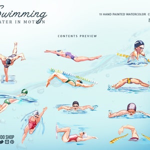 Puede incluir: Once ilustraciones de acuarela de nadadores en diferentes estilos de natación. Las ilustraciones están pintadas a mano y presentan un fondo azul con ondas de agua. El texto "Swimming Water in Motion" y "Contents Preview" está incluido en la imagen.