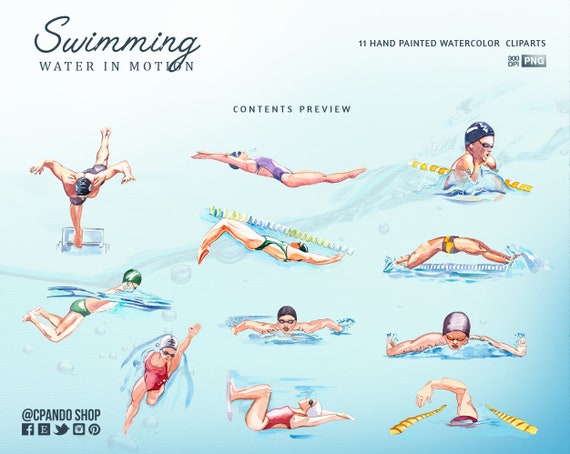 Swimming, Nadando clip art pintado en acuarela sobre natación con transparencias 300 dpi. Deporte de natación carreras y relevos en acuarela