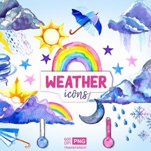 Watercolor Weather Clip Art - sun moon clouds rain snow lightning rainbow clipart & illustration Weather craft