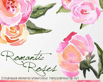 Watercolour Floral Clipart Roses, Watercolour Clip Art/Rose/Individual PNG files/Hand Painted flowers, watercolor flowers clipart, romantic.