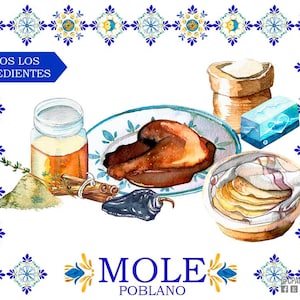 Puede incluir: Una ilustración de acuarela de los ingredientes para Mole Poblano, un plato tradicional mexicano. Los ingredientes incluyen una pierna de pollo, especias, pan y un frasco de miel. La ilustración está enmarcada con un borde de azulejos azules y blancos. El texto "TODOS LOS INGREDIENTES" está escrito en azul en la parte superior de la imagen.