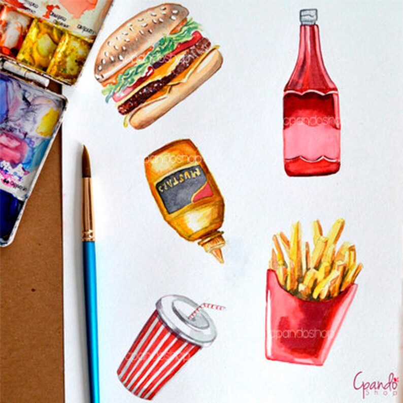 May include: Watercolour painting of a hamburger, chips, ketchup, mustard, and a fizzy drink. The hamburger is topped with lettuce, tomato, and cheese. The chips are in a red container. The ketchup and mustard are in bottles. The fizzy drink is in a red and white striped cup with a straw.