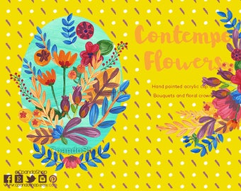 Flower clipart: acrylic flowers, watercolor leaves branches flower florals, commercial use digital clip art bright flowers png Flowers Boho