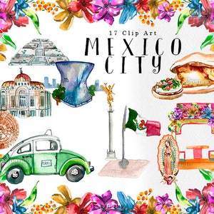 Ciudad de México ilustracion, CDMX clip art set, boda destino Ciudad de México, lugares a visitar en Ciudad de Mexico acuarela pintadas