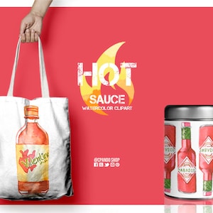 Puede incluir: Una bolsa de tela blanca con una ilustraci&oacute;n de acuarela de una botella de salsa picante etiquetada como "Valentine". La bolsa tiene un fondo rojo con el texto "HOT SAUCE WATERCOLOR CLIPART" y el nombre de usuario de las redes sociales "@CPANDO SHOP".