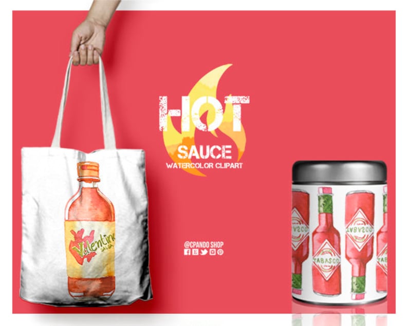 Puede incluir: Una bolsa de tela blanca con una ilustraci&oacute;n de acuarela de una botella de salsa picante etiquetada como "Valentine". La bolsa tiene un fondo rojo con el texto "HOT SAUCE WATERCOLOR CLIPART" y el nombre de usuario de las redes sociales "@CPANDO SHOP".