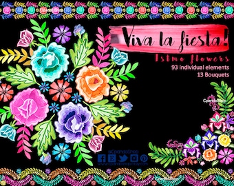 Flores bordados istmo, flores mexicanas para invitaciones de cinco de mayo, noche mexicana. Flores acuarela folklor banner acuarela
