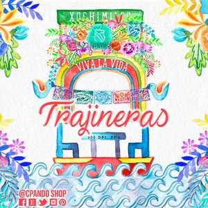 Trajineras, Xochimilco cinco de mayo, mexican fiesta, watercolor clip art, mexico clipart, wedding invitation mexico, fiesta invitation diy image 1