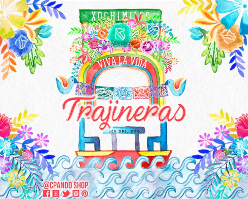 Trajineras, Xochimilco cinco de mayo, mexican fiesta, watercolor clip art, mexico clipart, wedding invitation mexico, fiesta invitation diy image 1