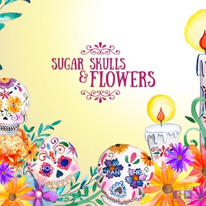Crânes de sucre et fleurs de souci peints à l’aquarelle, autel des morts, jour des morts clip art catrina halloween clipart