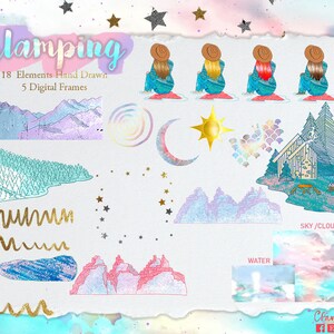 May include: Glamping themed digital clipart set with 18 hand-drawn elements and 5 digital frames. The set includes illustrations of mountains, trees, a cabin, a crescent moon, a sun, a star-shaped frame, a heart with scales, and wavy lines. The colours are pastel pink, blue, and green.