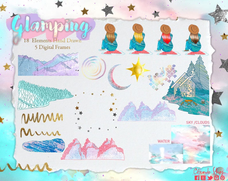 May include: Glamping themed digital clipart set with 18 hand-drawn elements and 5 digital frames. The set includes illustrations of mountains, trees, a cabin, a crescent moon, a sun, a star-shaped frame, a heart with scales, and wavy lines. The colours are pastel pink, blue, and green.