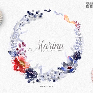 Marine ClipArt-Grafiken, Illustrationen gemalt in Aquarell, nautische Strandhochzeit, Hochzeit, Hochzeit Einladungen, Ozean, blaue Blumen