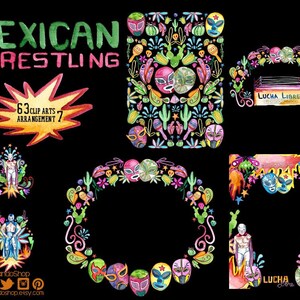 Puede incluir: Un conjunto de 63 im&aacute;genes de clip art digitales con un tema de lucha libre mexicana. Las im&aacute;genes incluyen luchadores, m&aacute;scaras, cactus, maracas y otros elementos coloridos. El texto "Lucha Libre" aparece en varias de las im&aacute;genes.