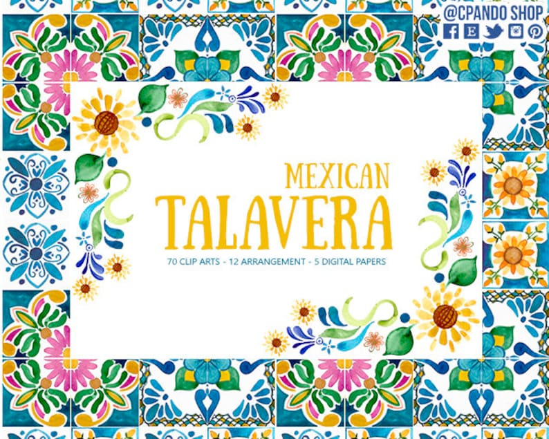 May include: A digital paper pack featuring 70 clip art images and 12 arrangements of colorful Mexican Talavera tile designs. The tiles feature floral patterns in shades of blue, green, yellow, pink, and white.
