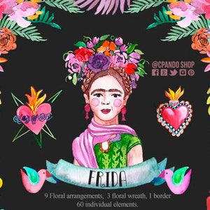 Frida Khalo mexican watercolor floral clipart, Otomi, PNG, mexican party, flowers, folk clip art, hand painted, cinco de mayo