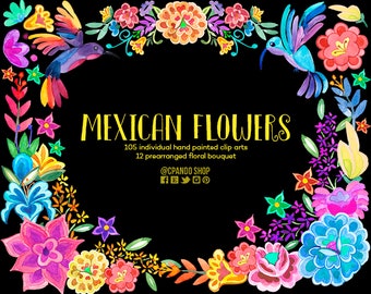 Mexican flowers, Fiesta Digital Clipart Mexican Clipart, Mexican florals Graphics Cinco de Mayo Graphics watercolor Clip art Fiesta Clip Art