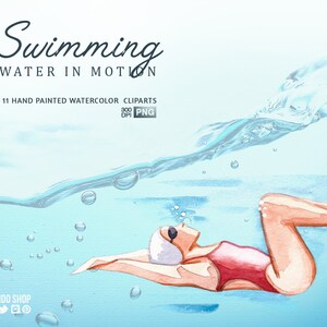 May include: Watercolor illustration of a person swimming underwater. The person is wearing a red swimsuit and goggles. The water is blue and there are bubbles around the person.