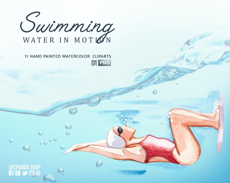 May include: Watercolor illustration of a person swimming underwater. The person is wearing a red swimsuit and goggles. The water is blue and there are bubbles around the person.
