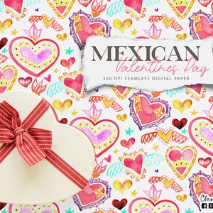 May include: A seamless digital paper pattern featuring watercolour hearts with Mexican folk art designs. The hearts are decorated with crowns, stars, wings, and other details in bright colours like pink, yellow, red, and blue. The text "MEXICAN Valentines Day 300 DPI SEAMLESS DIGITAL PAPER" is visible at the top of the image.