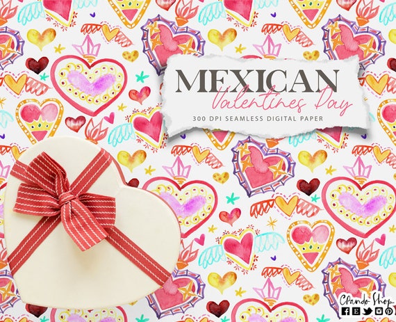 San Valentín mexicano seamless pattern, día del amor y la amistad, papel digital del día de San Valentín, acuarela corazones sagrados