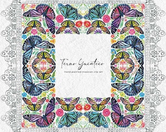 Traditional Mexican Suit Clipart Collection: Hand-painted Watercolor Yucatecan Terno Clipart Bundle  monarca butterflies & mexican flowers