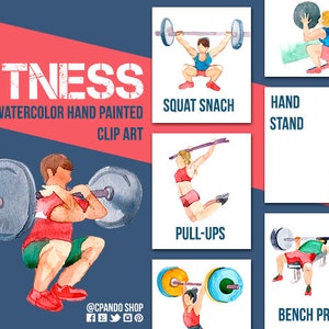 Puede incluir: Ilustraciones de acuarela de varios ejercicios de fitness, incluyendo snatch de sentadilla, parada de manos, dominadas y press de banca. Las ilustraciones son de estilo de dibujos animados y presentan a personas realizando los ejercicios.