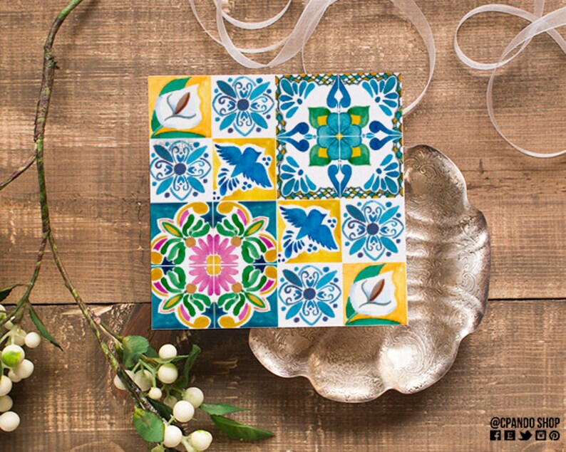 May include: A colorful tile design with blue, yellow, green, pink, and white colors. The tile design features birds, flowers, and geometric patterns.