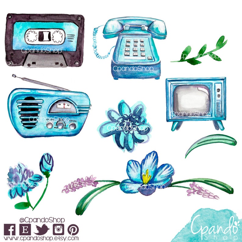 Pode incluir: Um conjunto de ilustra&ccedil;&otilde;es vintage de aquarela azul que representam uma fita cassete, um telefone de disco, um r&aacute;dio, uma televis&atilde;o e flores. As ilustra&ccedil;&otilde;es s&atilde;o perfeitas para scrapbooking, cria&ccedil;&atilde;o de cart&otilde;es e outros projetos criativos.