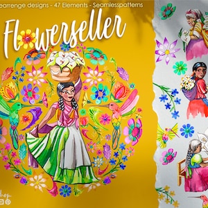 May include: A watercolor illustration of a woman in a colorful dress carrying a basket of white flowers on her head. She is surrounded by flowers and hummingbirds in a circular design. The text "Flowerseller" is written in large letters at the top of the image.