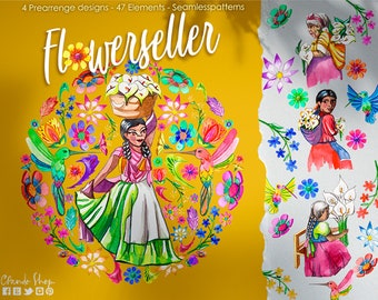 Flowerseller women, hispanic culture illustrations, mexican watercolor hand painted mexican flowers for fiesta 5th of may