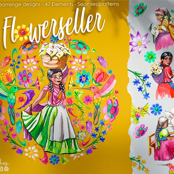 Flowerseller women, hispanic culture illustrations, mexican watercolor hand painted mexican flowers for fiesta 5th of may