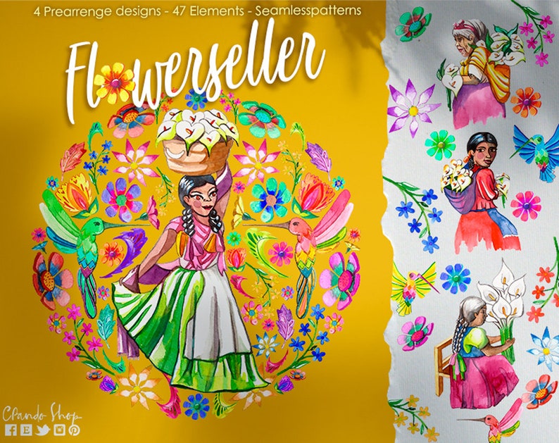 May include: A watercolor illustration of a woman in a colorful dress carrying a basket of white flowers on her head. She is surrounded by flowers and hummingbirds in a circular design. The text "Flowerseller" is written in large letters at the top of the image.