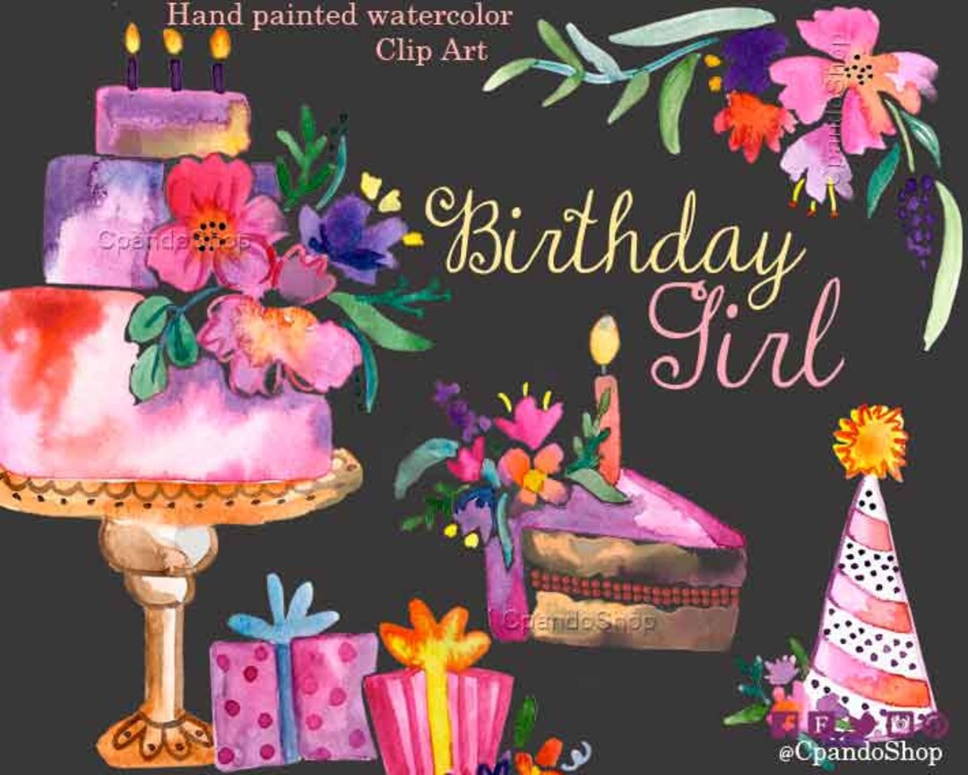 Girly Birthday Watercolor Clip Art Baby Girl Invitations Floral Cake