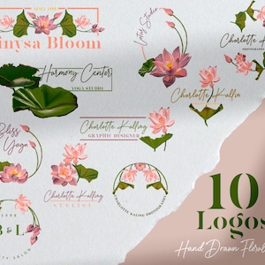 Loghi di fiori di loto preconfezionati, perfetti per studio di yoga, spa, cura della pelle, fiorista Icone disegnate a mano VETTORI
