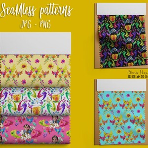 May include: Four seamless patterns featuring colorful hummingbirds, flowers, and geometric designs. The patterns are displayed on fabric swatches and are available in JPG and PNG formats.